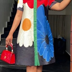 Loose Vacation Floral Stand Collar Shirt Dress, Mini Dresses, color:As Picture|size:XXL, Stylewe