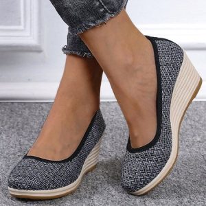 Women Minimalist Linen Fabric Wedge Heel Shallow Shoes, Flats, color:Deep Gray|size:42, JustFashionNow