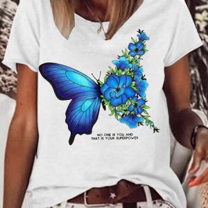 Women's No One Is And That Is Your Superpower Butterfly Crew Neck Letters Casual T-Shirt, color:White|size:3XL, Lilicloth.com