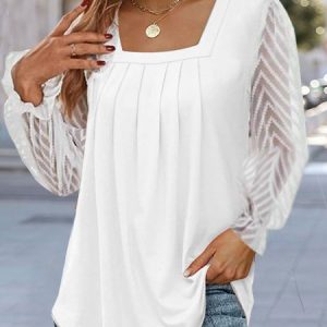 Square Neck Casual Split Joint Lace Shirt, Shirts & Blouses, color:White|size:XXL, JustFashionNow