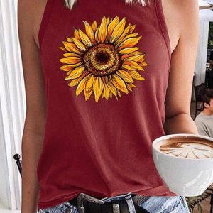 Womens Sunflower Flower Print Garden Casual Crew Neck Tank Top, color:Wine Red|size:3XL, Lilicloth.com