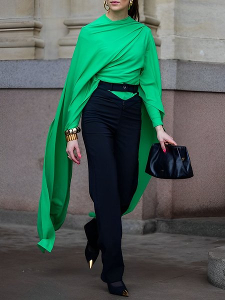Urban Loose Long Sleeve Plain Asymmetrical Shirt, Blouses and Shirts, color:Green|size:XXL, Stylewe