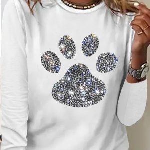 Women's Dog Paw Rhinestone Print Crew Neck Casual Letters Top, color:White|size:3XL, Lilicloth.com