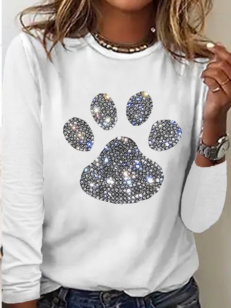 Women's Dog Paw Rhinestone Print Crew Neck Casual Letters Top, color:White|size:3XL, Lilicloth.com
