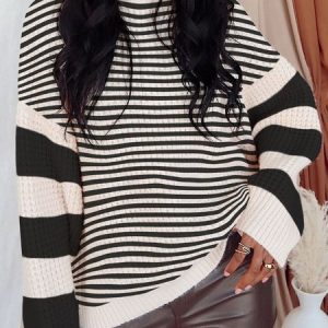 Women Yarn/Wool Yarn Striped Long Sleeve Comfy Casual Sweater, Sweaters, color:Black-white|size:XL, Noracora