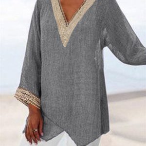V Neck Long Sleeve Plain Lace Regular Loose Shirt For Women, Blouses, color:Gray|size:3XL, Noracora