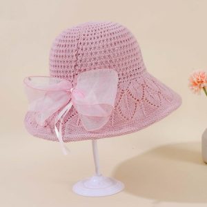 Vacation Cotton Linen Lace Bow Decorated Sunscreen Sun Hat Casual Boho Women's Accessories, Women Hats, color:Pink|size:One-size, JustFashionNow