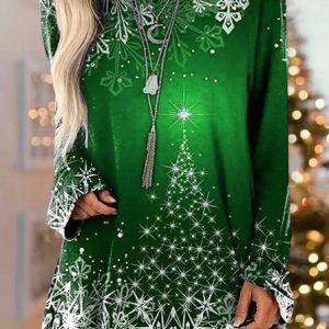 Women's Christmas Snowflake Loose Casual long sleeve Tunic Tops, T-Shirts, color:Green|size:XXL, JustFashionNow