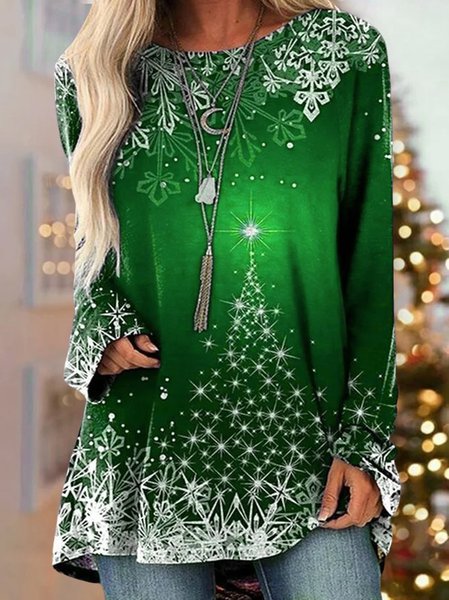 Women's Christmas Snowflake Loose Casual long sleeve Tunic Tops, T-Shirts, color:Green|size:XXL, JustFashionNow