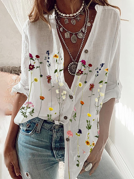 JFN Collar Floral Causal Shirt, Shirts & Blouses, color:White|size:XXL, JustFashionNow