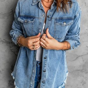 Plain Casual Shirt Collar Denim Jacket, Jackets, color:Blue|size:XXL, JustFashionNow