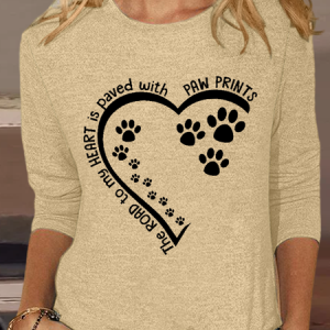 Women's Dog Lovers The Road To My Heart Is Paved With Paw Prints Simple Cotton-Blend Shirt, color:Khaki|size:3XL, Lilicloth.com