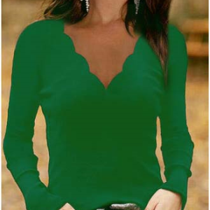 JFN Scalloped V Neck Solid Slim Fit Long Sleeve Top, T-Shirts, color:Green|size:XXL, JustFashionNow