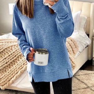 Solid Cotton-Blend Long Sleeve Casual Hoodies & Tunic Sweatshirt, Blouses, color:Blue|size:5XL, Noracora