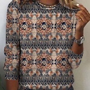Crew Neck Loose Ethnic Casual T-Shirt, T-Shirts, color:Brown|size:XXL, JustFashionNow
