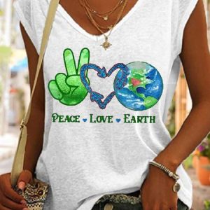 Women's Earth Day Teacher Environment Day Recycle Casual V Neck Tank Top, color:White|size:3XL, Lilicloth.com
