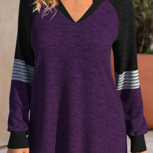Loose V Neck Casual Striped Sweatshirt, Sweatshirts & Hoodies, color:Purple|size:XXL, JustFashionNow