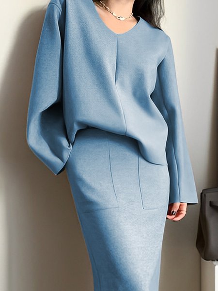 Plain V Neck Elegant Loose Shirt, Blouses and Shirts, color:Blue|size:XXL, Stylewe