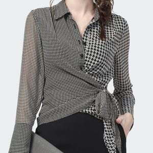 Elegant Houndstooth Long Sleeve Shirt Collar Blouse, Blouses and Shirts, color:Black|size:XXL, Stylewe