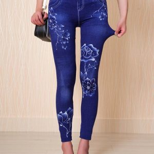 Casual Floral Natural Ankle Pants Legging, Leggings, color:Blue|size:3XL, Noracora