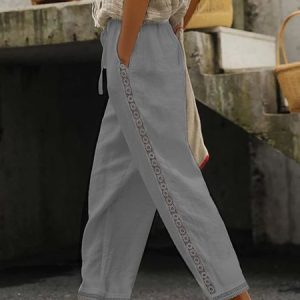 Casual Plain Lace-Up Patchwork lace Cotton Pants, Pants, color:Gray|size:XS, JustFashionNow
