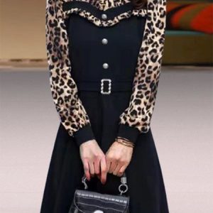 Women Leopard Long Sleeve Comfy Casual Split Joint Short Dress, Short, color:Black|size:4XL, Noracora