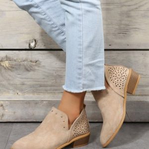 Hollow Out Rivet Decor Low Heel Chelsea Boots, Boots, color:Khaki|size:43, JustFashionNow