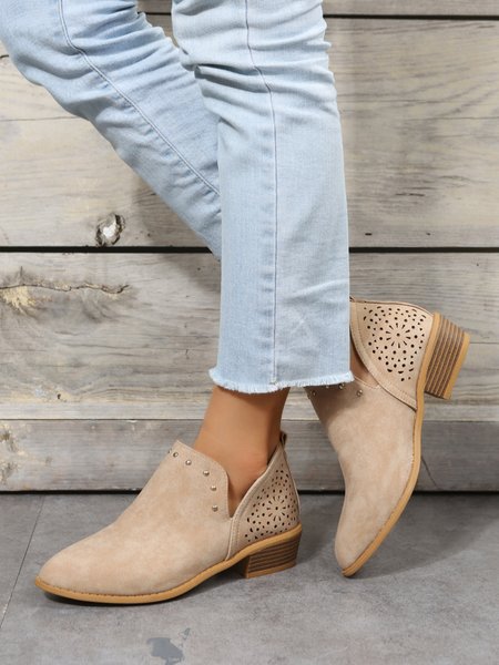 Hollow Out Rivet Decor Low Heel Chelsea Boots, Boots, color:Khaki|size:43, JustFashionNow
