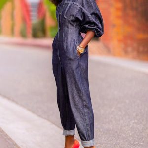 Plain Crew Neck Urban Denim Jumpsuit, Jumpsuits, color:Deep Blue|size:XXL, Stylewe
