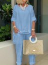 Regular Sleeve Crew Neck Casual Loose Buckle Two-Piece Set, Suit Set, color:Light Blue|size:5XL, JustFashionNow
