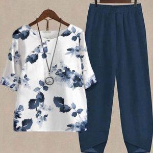 Plus Size Casual Crew Neck Two-Piece Set, Suit Set, color:Blue|size:4X, JustFashionNow