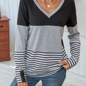 Casual Striped Print Colorblock Tee, T-Shirts, color:Multicolor|size:XXL, JustFashionNow