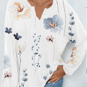 Casual Floral Notched Long Sleeve T-shirt, T-shirts, color:White|size:3XL, Noracora