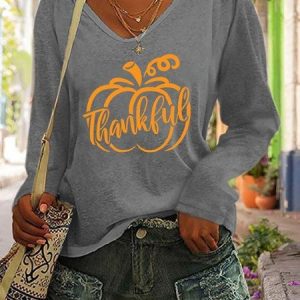 Casual Halloween V Neck Long Sleeve T-shirt, T-shirts, color:Gray|size:5XL, Noracora