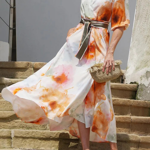 Gradient Pattern Elegant Regular Fit V neck Short sleeve Midi Dress With Belt, Maxi Dresses, color:As Picture|size:XXL, Stylewe
