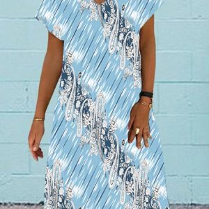 Casual Abstract V neck Regular Fit Dress, Dresses, color:Sky Blue|size:3XL, JustFashionNow