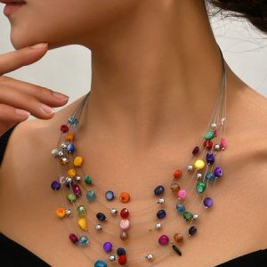 Crystal Earrings Beading Layer Sets, Necklaces, color:Multicolor|size:One-size, JustFashionNow