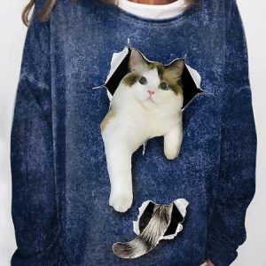 Cat Crew Neck Loose Casual Sweatshirt, Sweatshirts & Hoodies, color:Blue|size:XXL, JustFashionNow