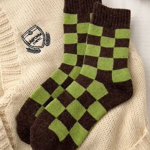 Checkerboard Color Contrast Wool Blend Thermal Socks, Socks, color:Color11|size:One-size, JustFashionNow
