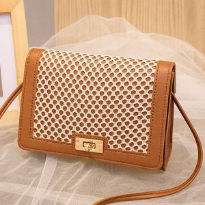 Urban Leisure Fishnet Leather Stitching Shoulder Bag Daily Commuting Ladies, Bags, color:Brown|size:One-size, Stylewe