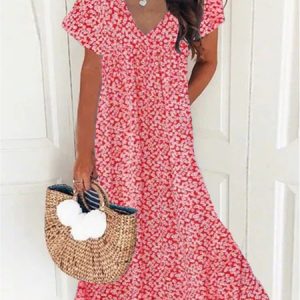Casual V Neck Loose Short Sleeve Floral Dress, Dresses, color:Red|size:XXL, JustFashionNow