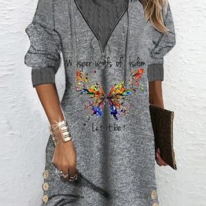Casual Butterfly Regular Fit Hoodie Dress, Midi, color:Gray|size:XXL, Noracora