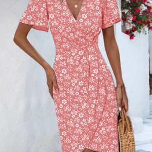 Boho Regular Fit V Neck Ditsy Floral Dress, Dresses, color:Pink|size:XXL, JustFashionNow