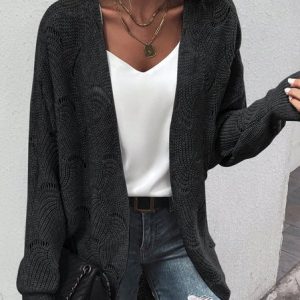 Women Knitted Plain Long Sleeve Comfy Casual Cardigan, Cardigans, color:Black|size:XXL, Noracora