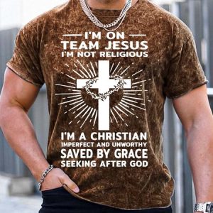 Men’s I’m On Team Jesus I’m Not Religious I’m A Christian Casual Text Letters Crew Neck T-Shirt, color:Brown|size:3XL, Lilicloth.com