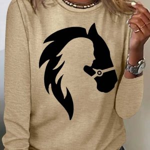 Women's Horse Print Letters Casual Top, color:Apricot|size:3XL, Lilicloth.com