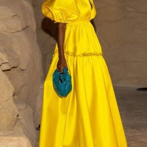 Wedding Guest Satin Elegant Puff Sleeve  Dress, Maxi Dresses, color:Yellow|size:XXL, Stylewe