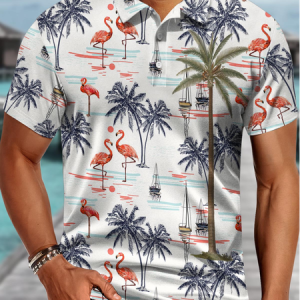 Men's Coconut Tree Flamingo Print Vacation Polo Collar Polo Shirt, T-shirts, Lilicloth.com
