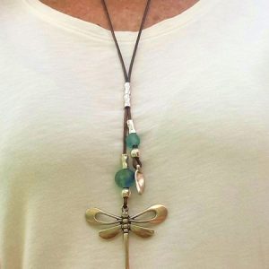 Everyday Leather String Beaded Dragonfly Pattern Long Necklace Sweater Chain Ethnic Bohemian Jewelry, Necklaces, color:Silver|size:One-size, JustFashionNow