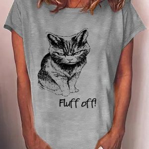 Women's Casual Funny Fluff Off Cat T-Shirt, color:Gray|size:3XL, Lilicloth.com